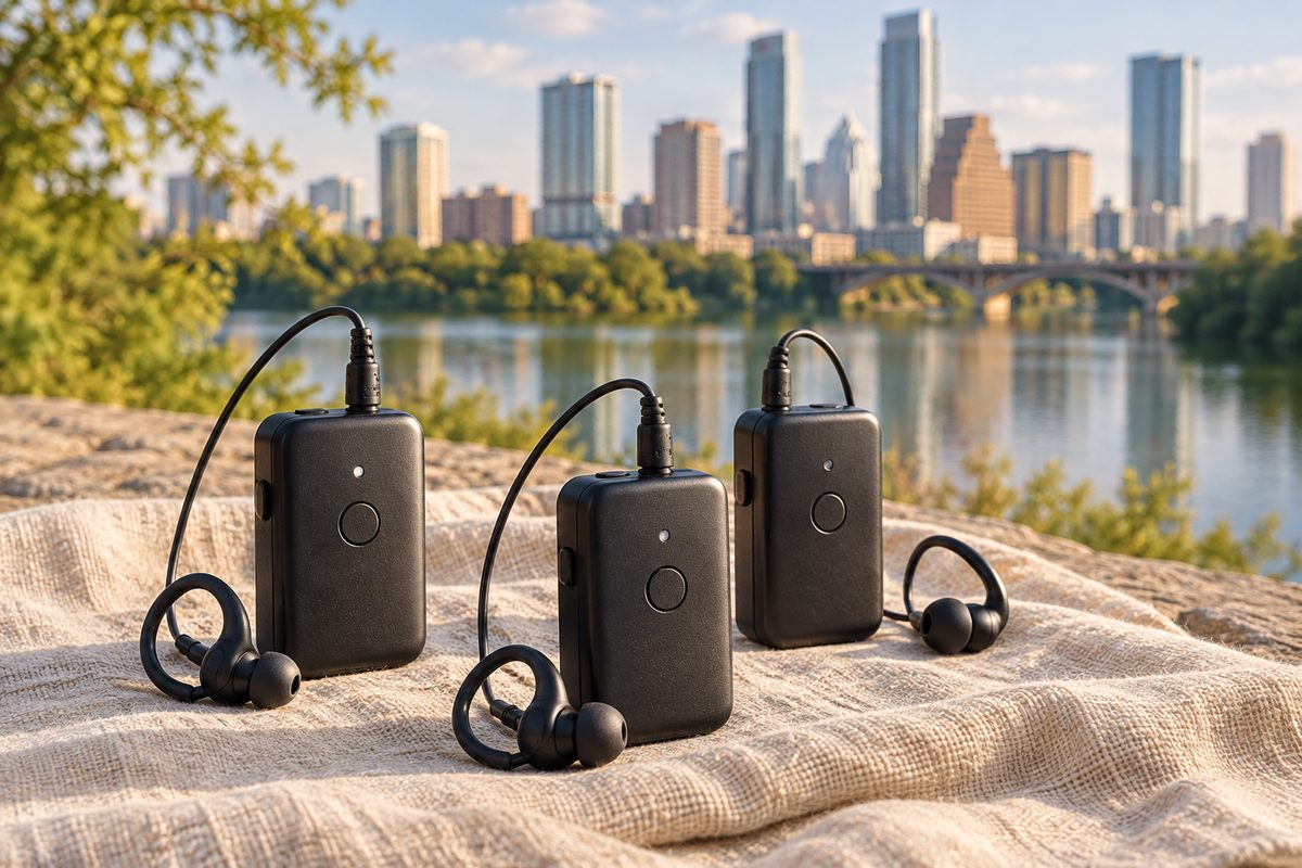 Compact wireless audio guide receivers and earpieces laid out before a walking tour
